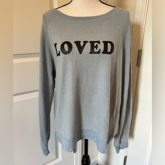 Workshop Republic Clothing Tops - Light blue “loved” graphic crew neck long sleeve sweater top